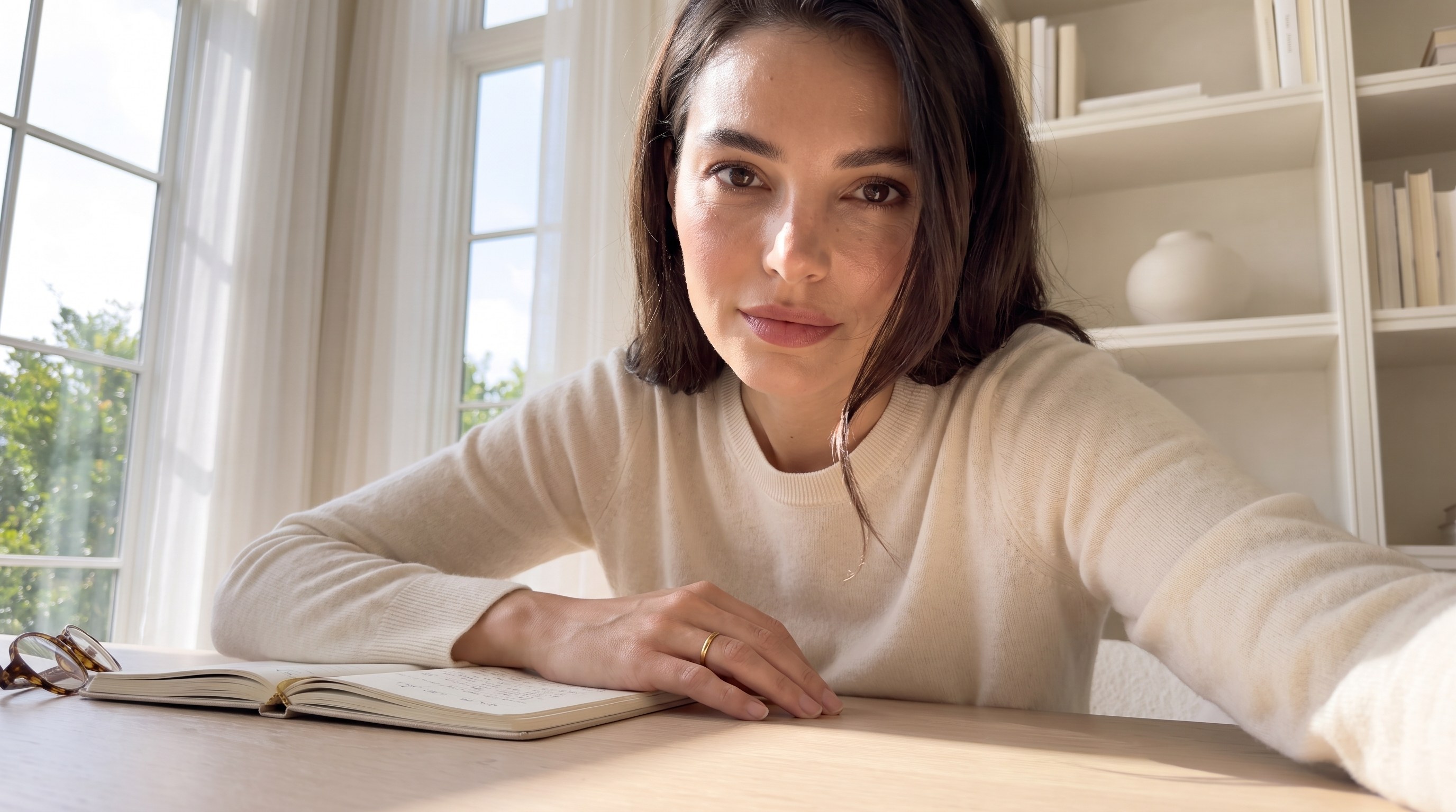 Caroline seated at a table with an open notebook.